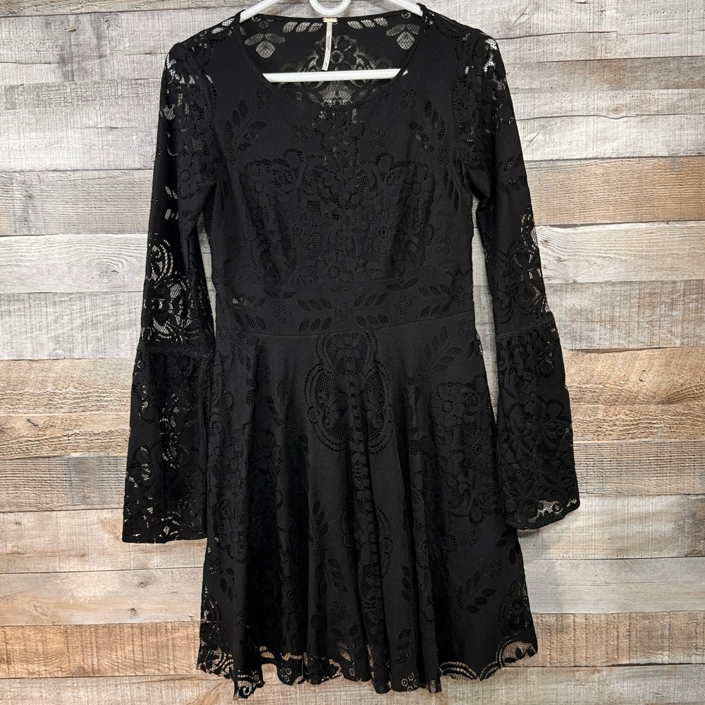 Free People Lovers Folk Song Black Lace Mini Dress Bell Sleeve Cutout Size 4